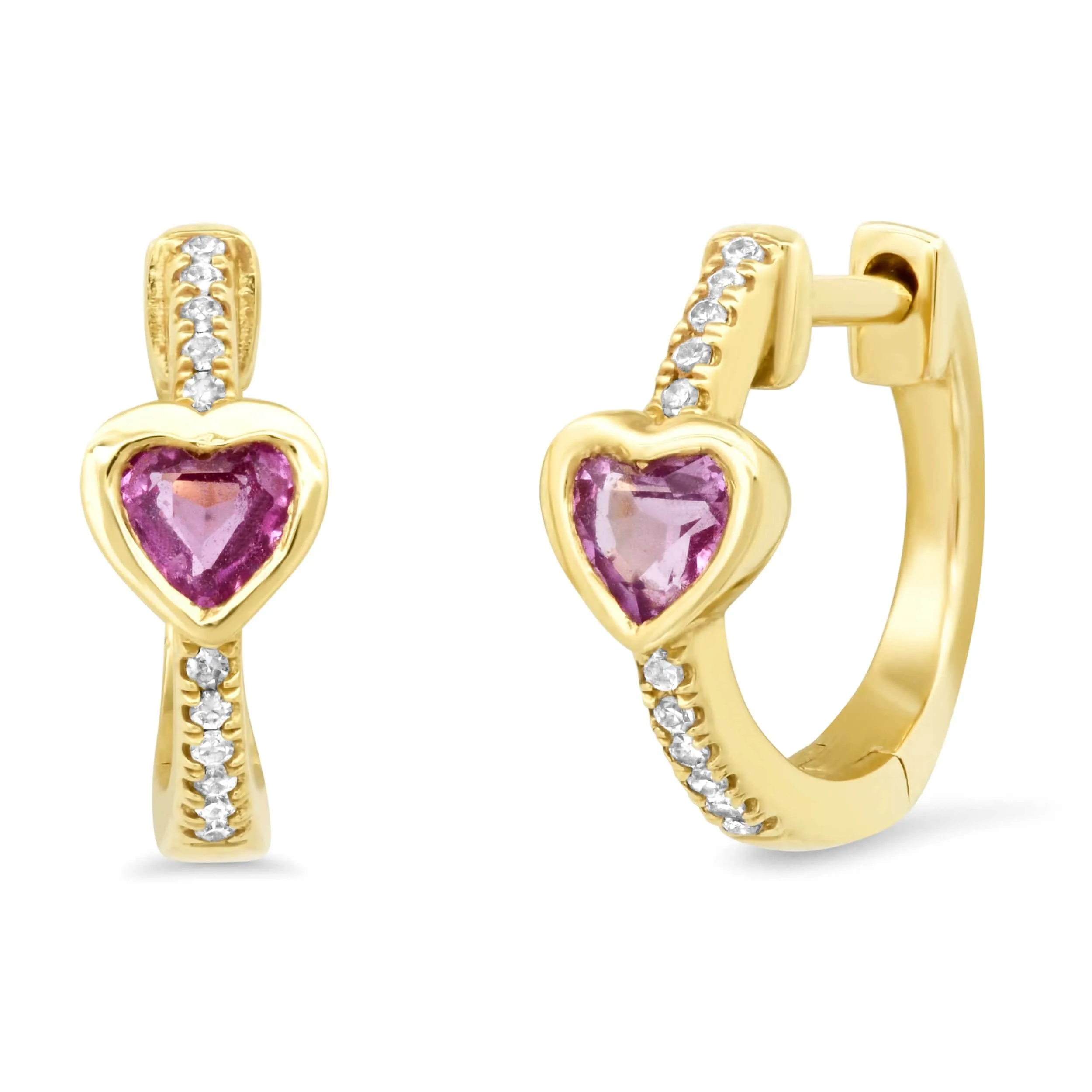 14K Gold and Diamond Pink Sapphire Heart Huggie Hoops Earrings