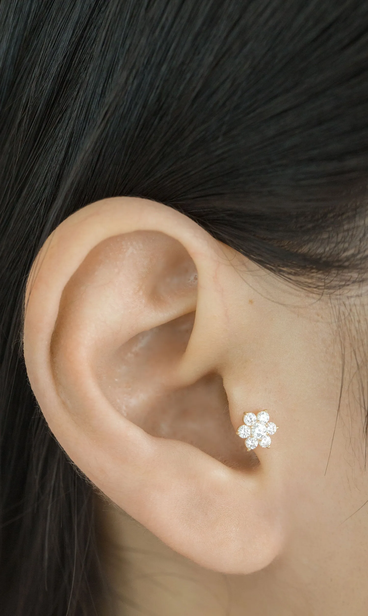 14k Gold Cz Cartilage Tragus Helix Internally Threaded Flower Flat Back Earring Labret