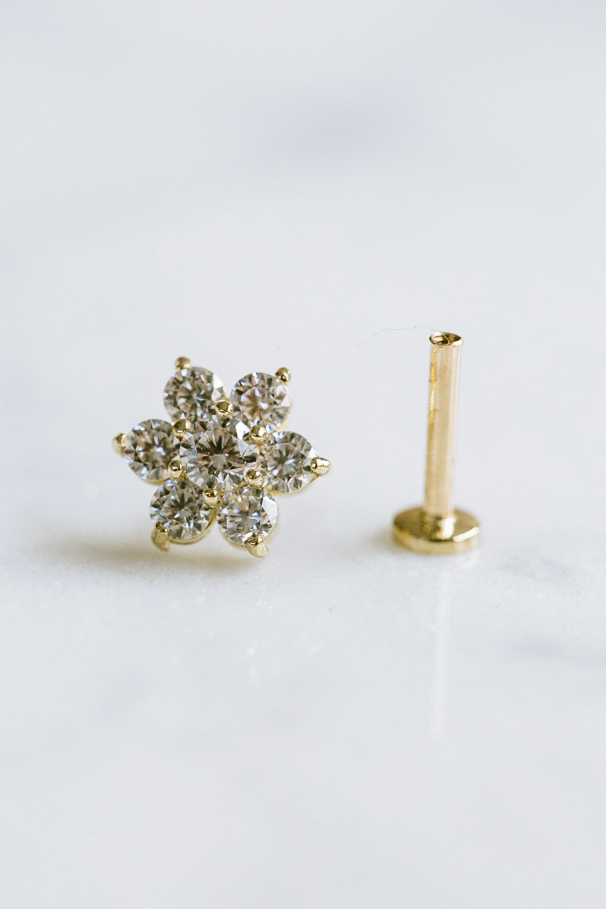 14k Gold Cz Cartilage Tragus Helix Internally Threaded Flower Flat Back Earring Labret