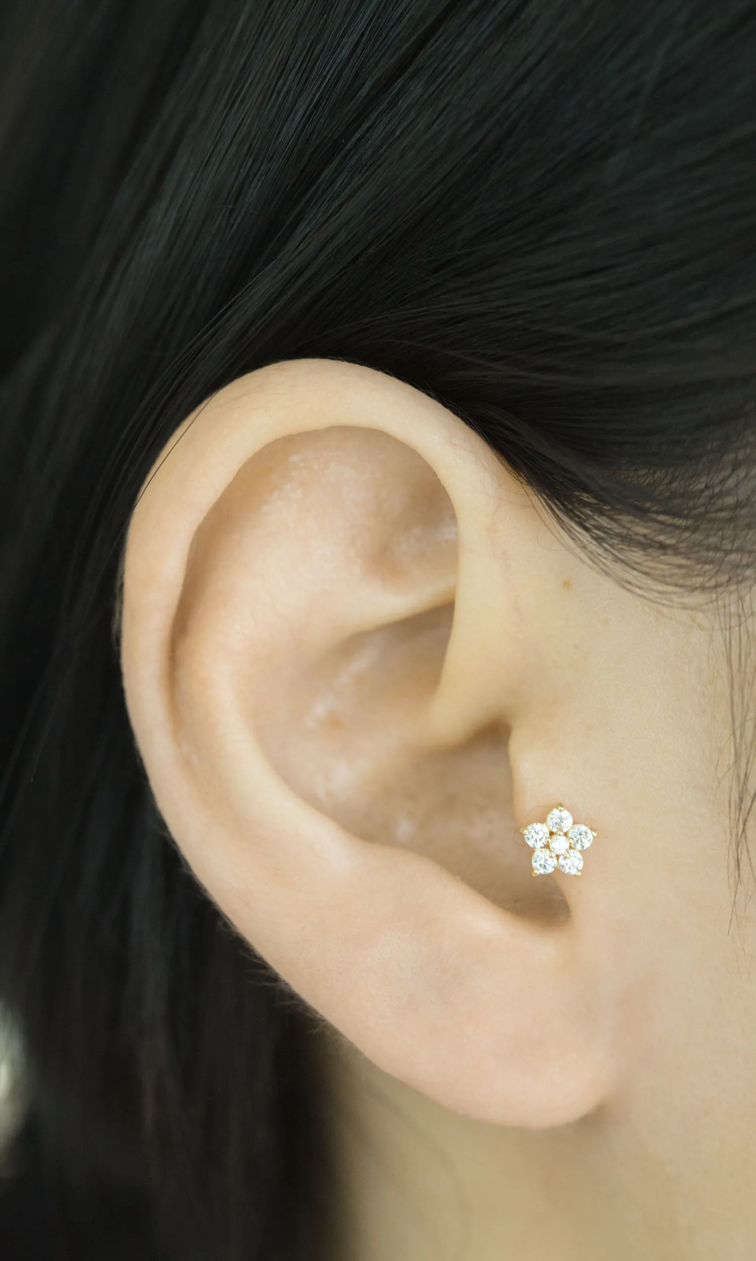 14k Gold Cz Cartilage Tragus Helix Internally Threaded Flower Flat Back Earring Labret