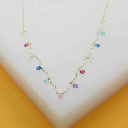 18k Gold Filled MultiColor CZ Stone Charms Necklace