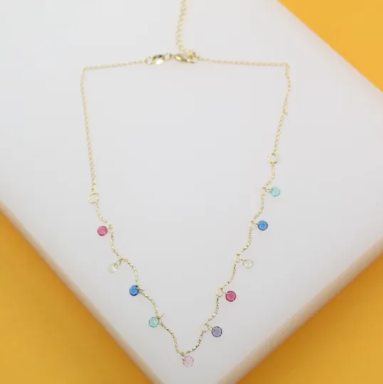 18k Gold Filled MultiColor CZ Stone Charms Necklace