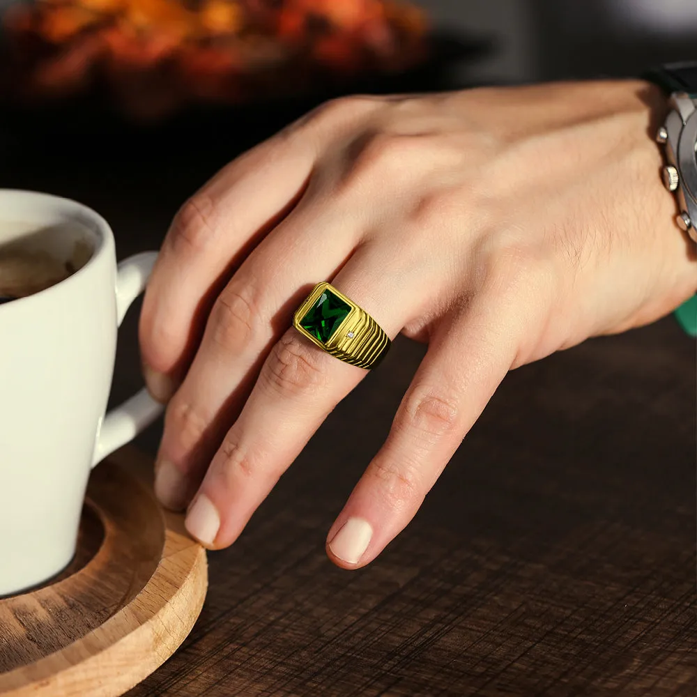 18K Yellow Gold Plated Men's Wedding Emerald Band Ring Vintage Luxurious Jewelry