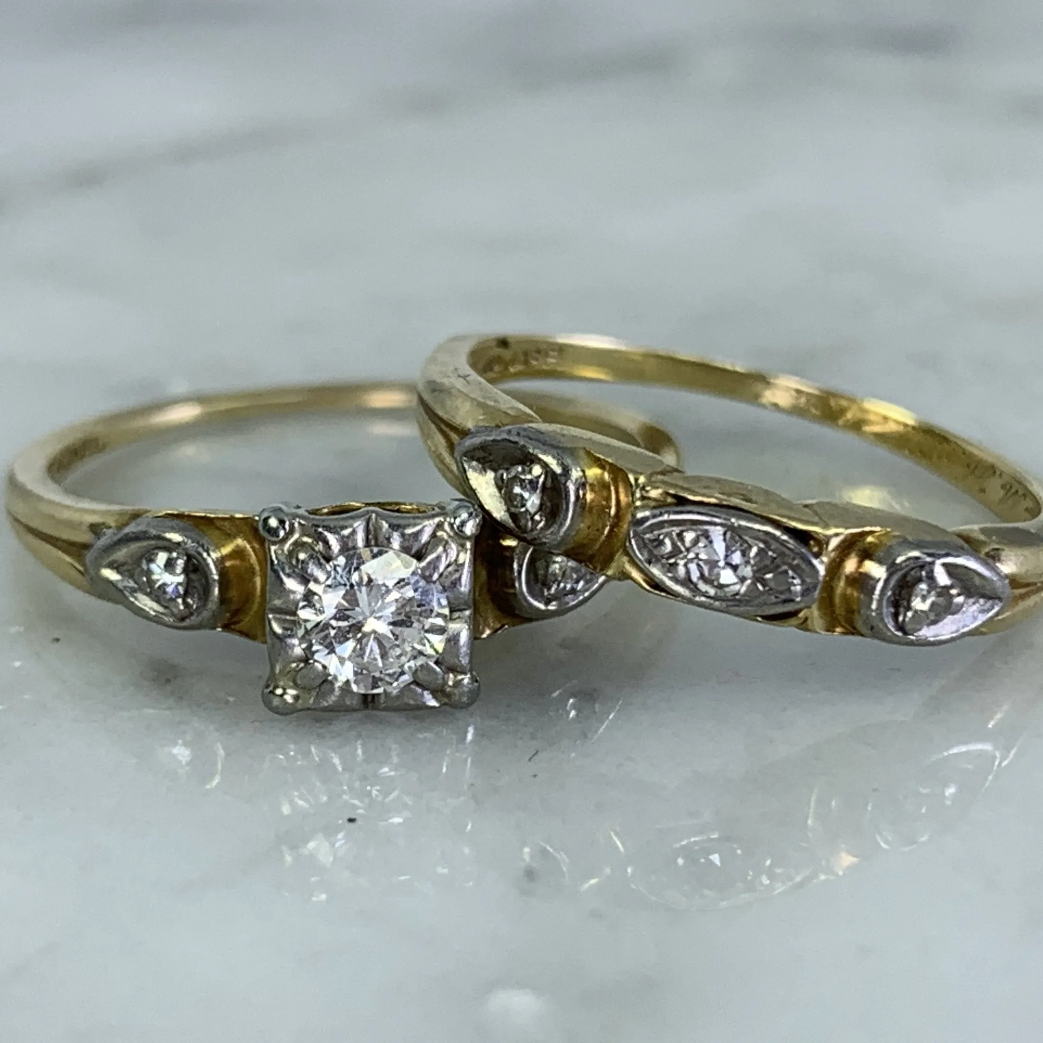 1950s Diamond Engagement Ring and Wedding Band Set in 14k Gold by Jabel. Vintage Estate Jewelry.