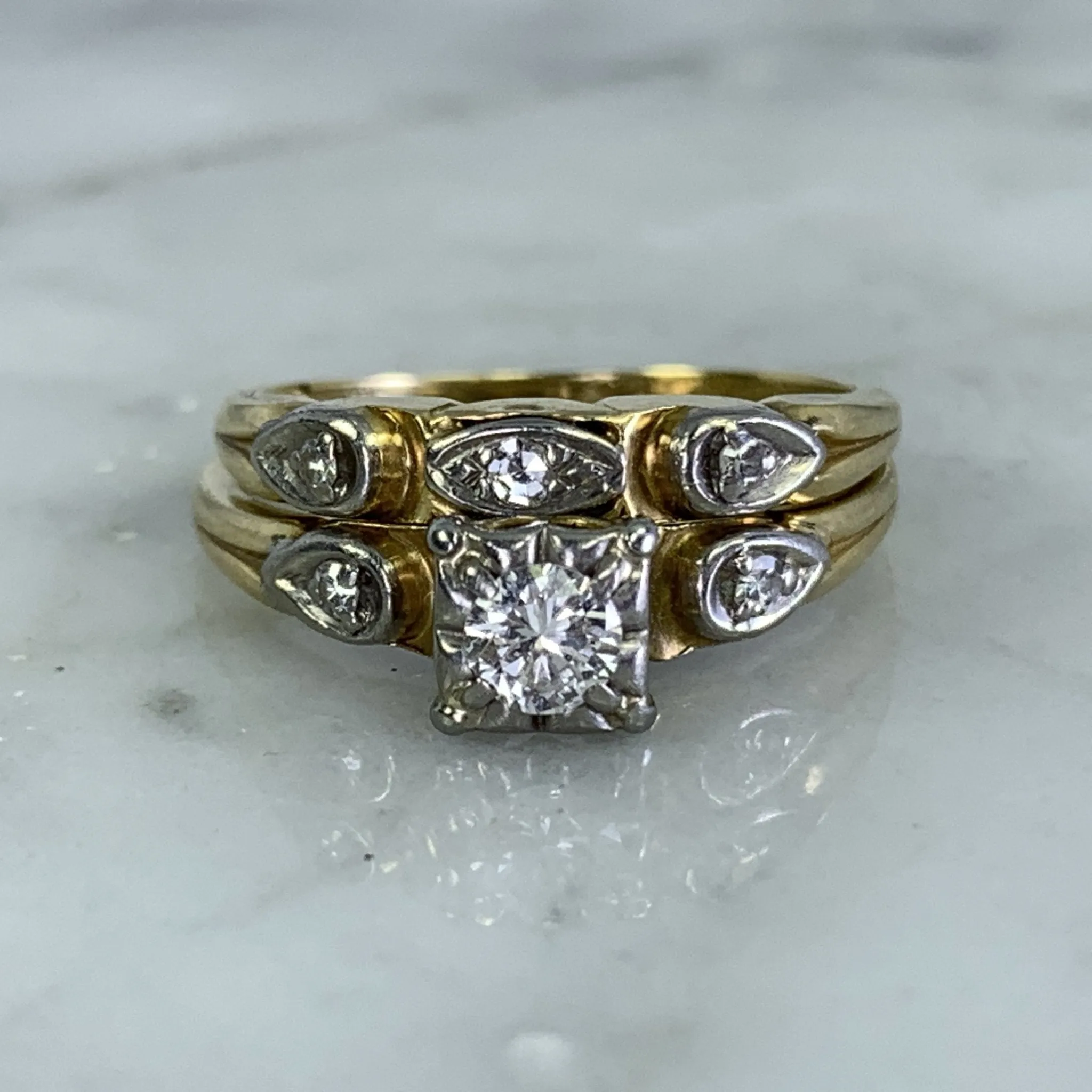 1950s Diamond Engagement Ring and Wedding Band Set in 14k Gold by Jabel. Vintage Estate Jewelry.