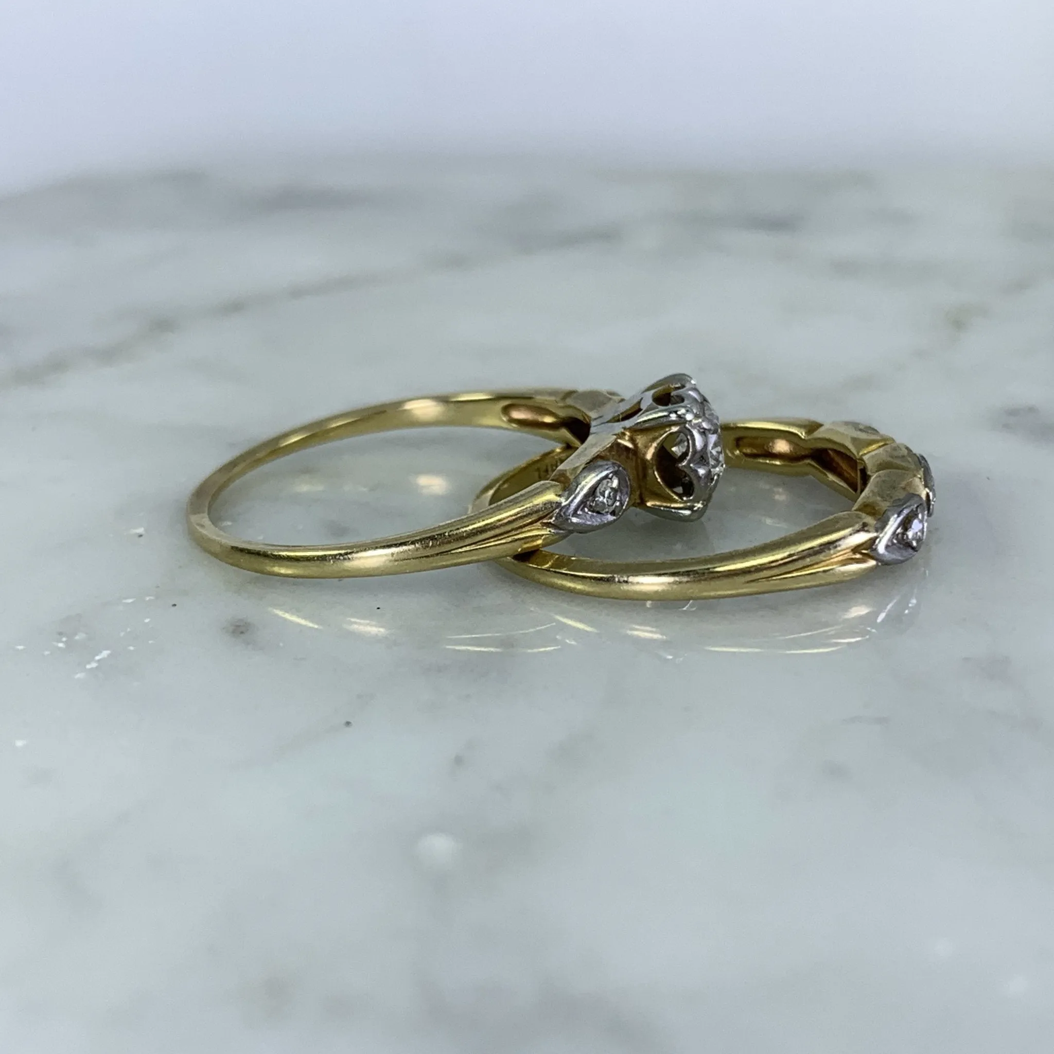 1950s Diamond Engagement Ring and Wedding Band Set in 14k Gold by Jabel. Vintage Estate Jewelry.