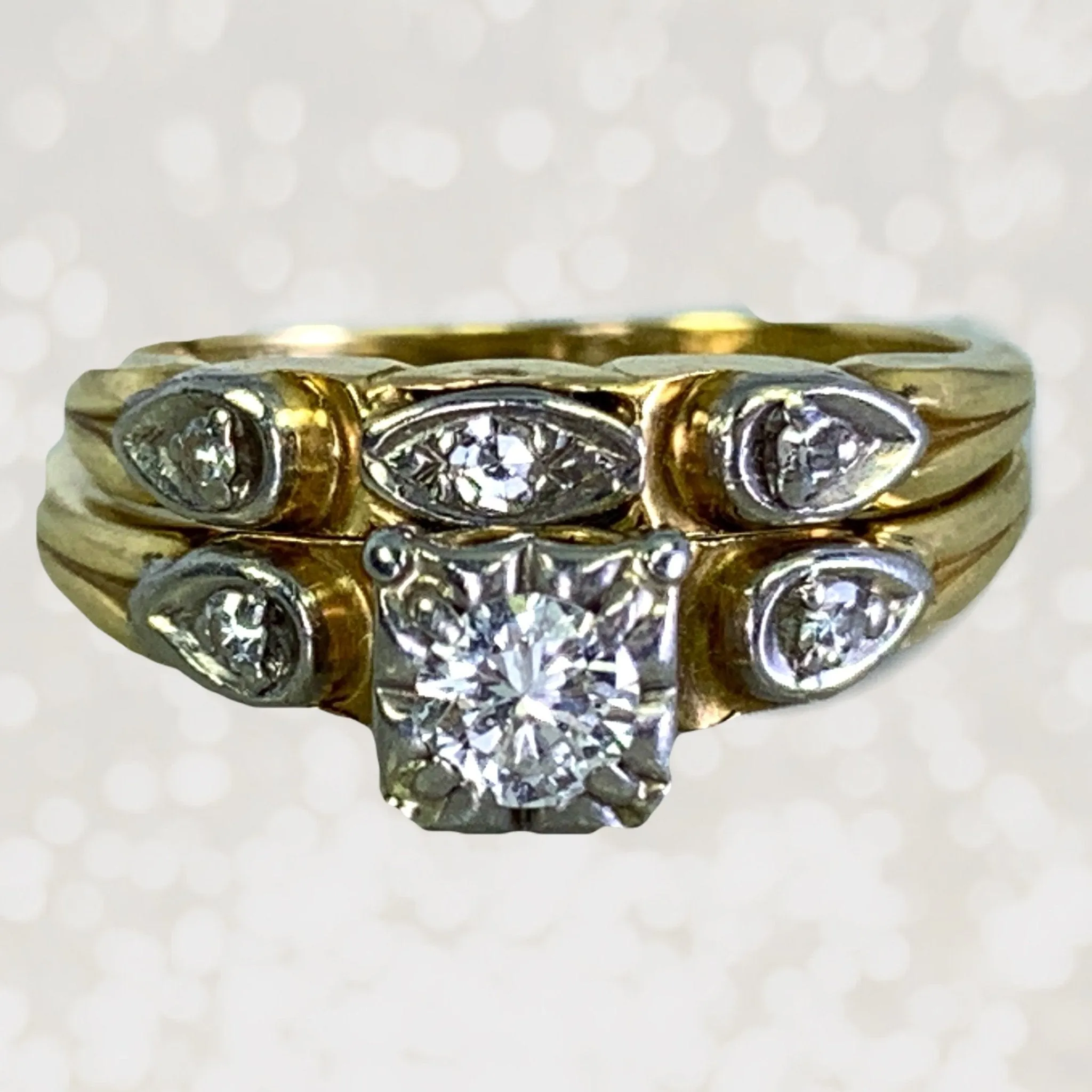 1950s Diamond Engagement Ring and Wedding Band Set in 14k Gold by Jabel. Vintage Estate Jewelry.