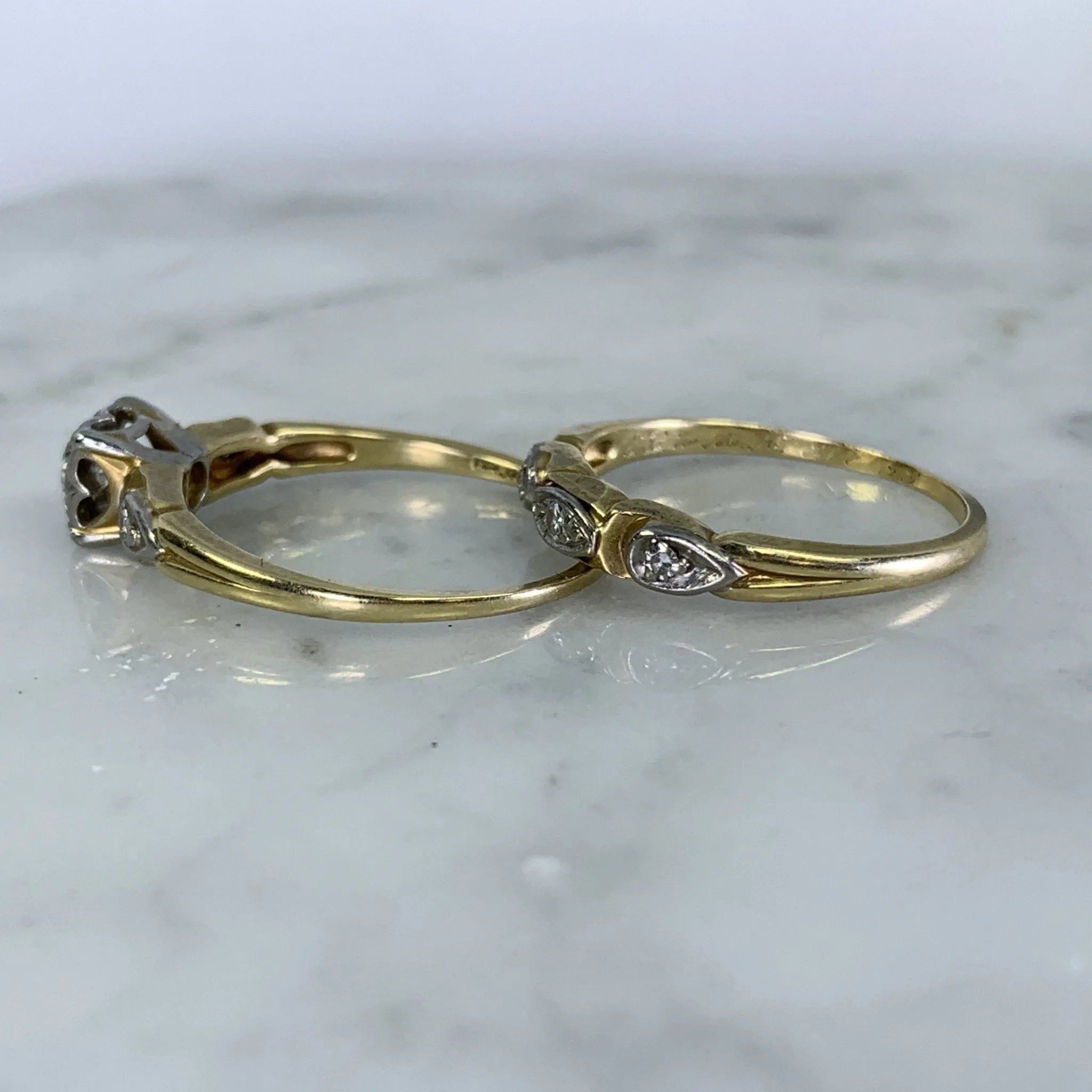 1950s Diamond Engagement Ring and Wedding Band Set in 14k Gold by Jabel. Vintage Estate Jewelry.