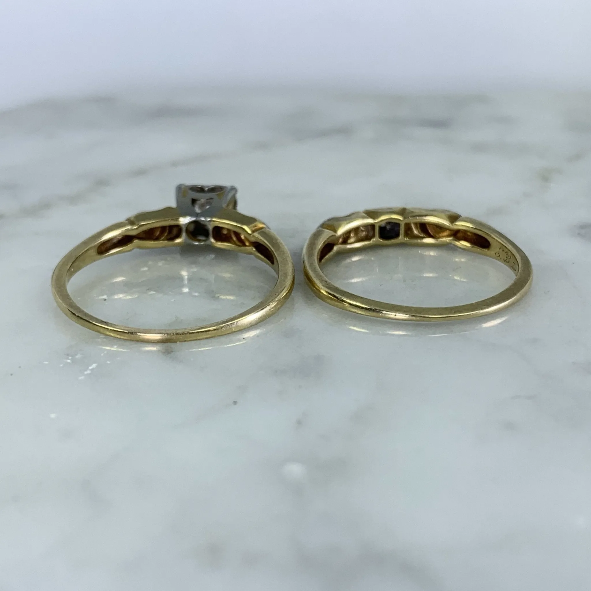 1950s Diamond Engagement Ring and Wedding Band Set in 14k Gold by Jabel. Vintage Estate Jewelry.