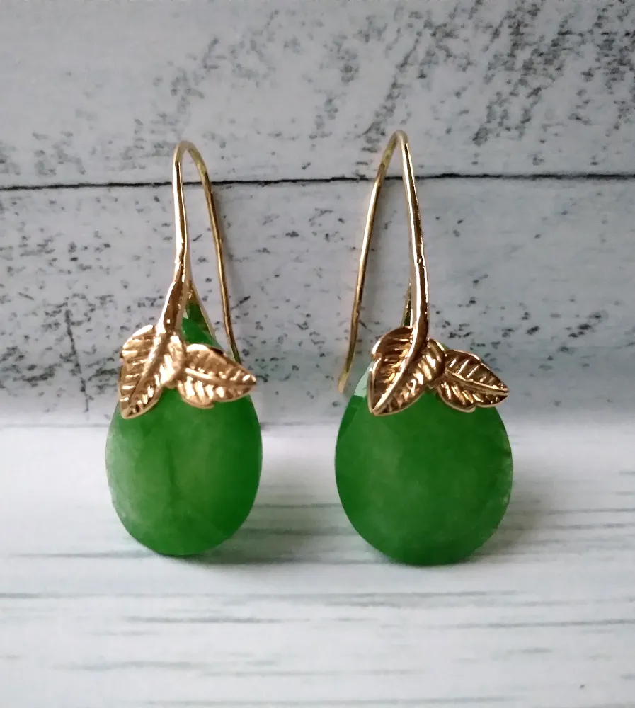 2 Leaf Green Jade Single Gem Drop Earrings