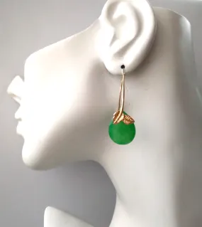 2 Leaf Green Jade Single Gem Drop Earrings