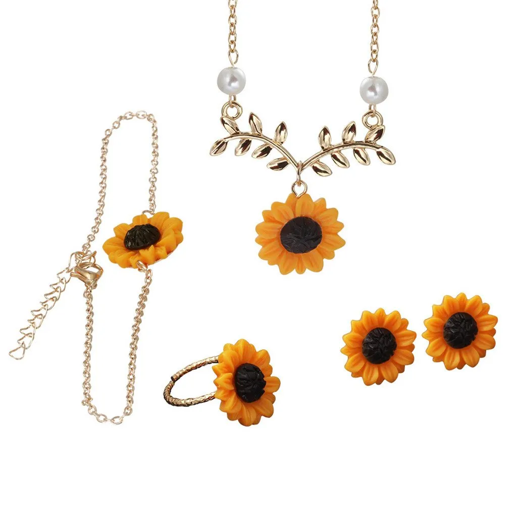 2020 Trendy Sunflower Leaves Four-Piece Bracelet Earrings Ring Necklace Jewelry Set Womens Gifts For Wedding, Party