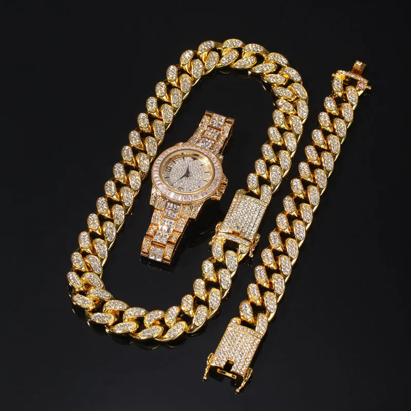 20mm Iced Out Cuban Necklace   Bracelet   Watch Set