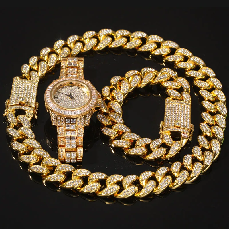 20mm Iced Out Cuban Necklace   Bracelet   Watch Set