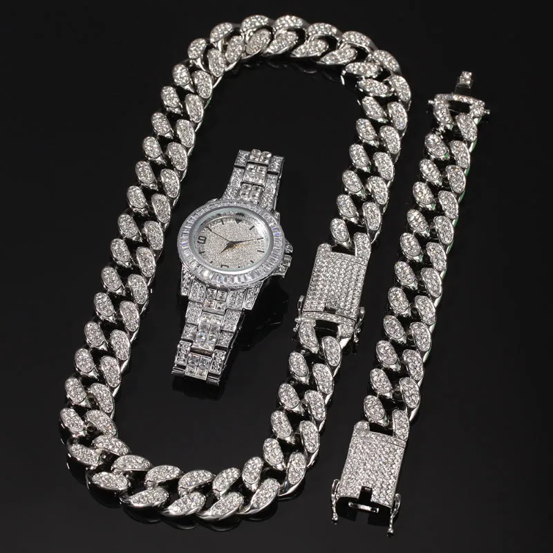 20mm Iced Out Cuban Necklace   Bracelet   Watch Set