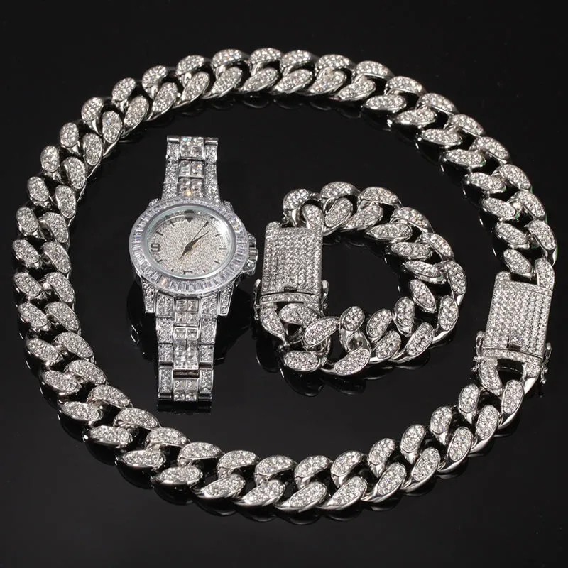 20mm Iced Out Cuban Necklace   Bracelet   Watch Set