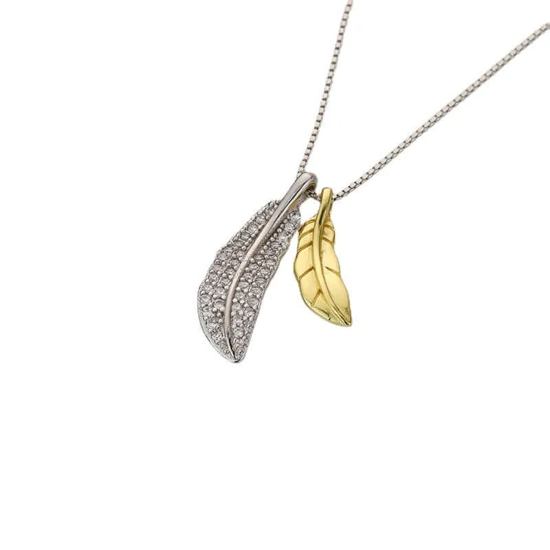 925 Sterling Silver & Gold Plated Necklace with Twin Feathers Pendant