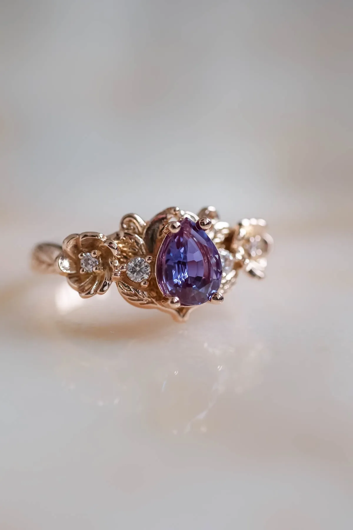 Adelina | floral engagement ring setting, pear cut gemstone