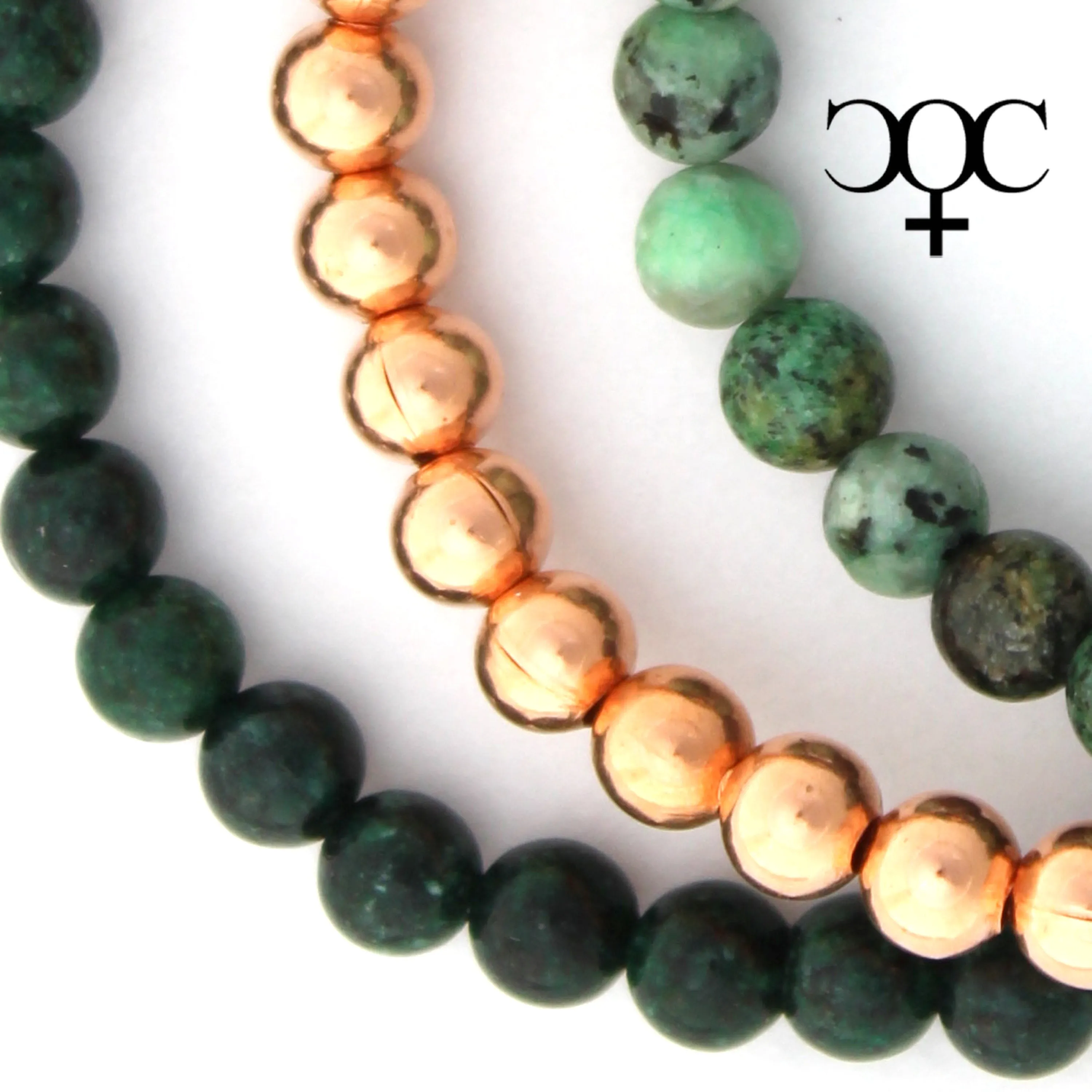 African Green Jasper Copper Bracelet Set Round Beaded Gemstone Elastic Copper Bracelets 3 Piece Set