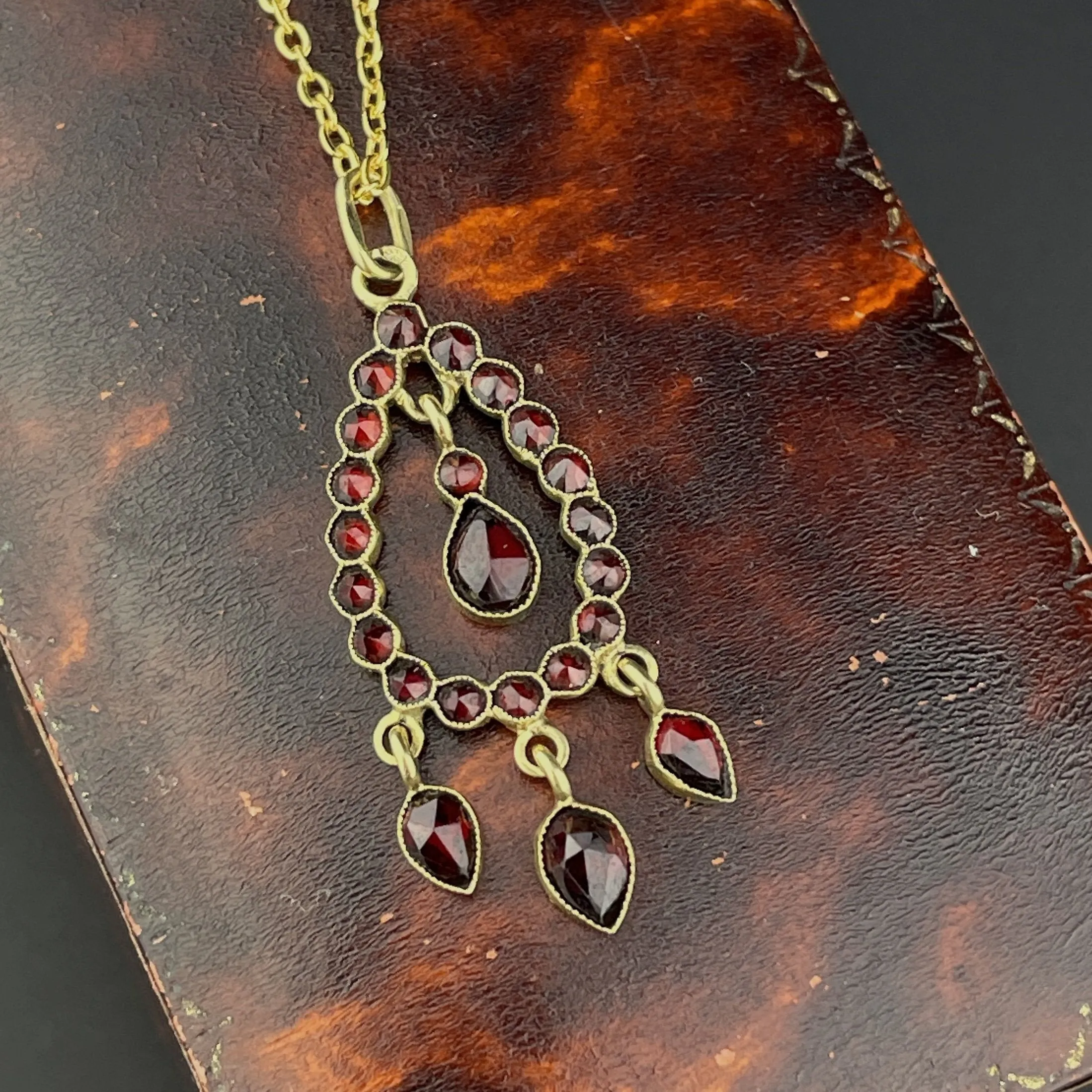 Antique 14K Gold Art Deco Garnet Teardrop Boho Necklace