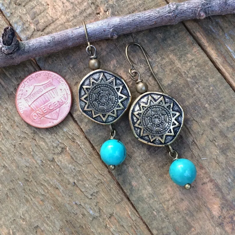 Antiqued Brass and Turquoise Sunburst Coin Dangle Earrings