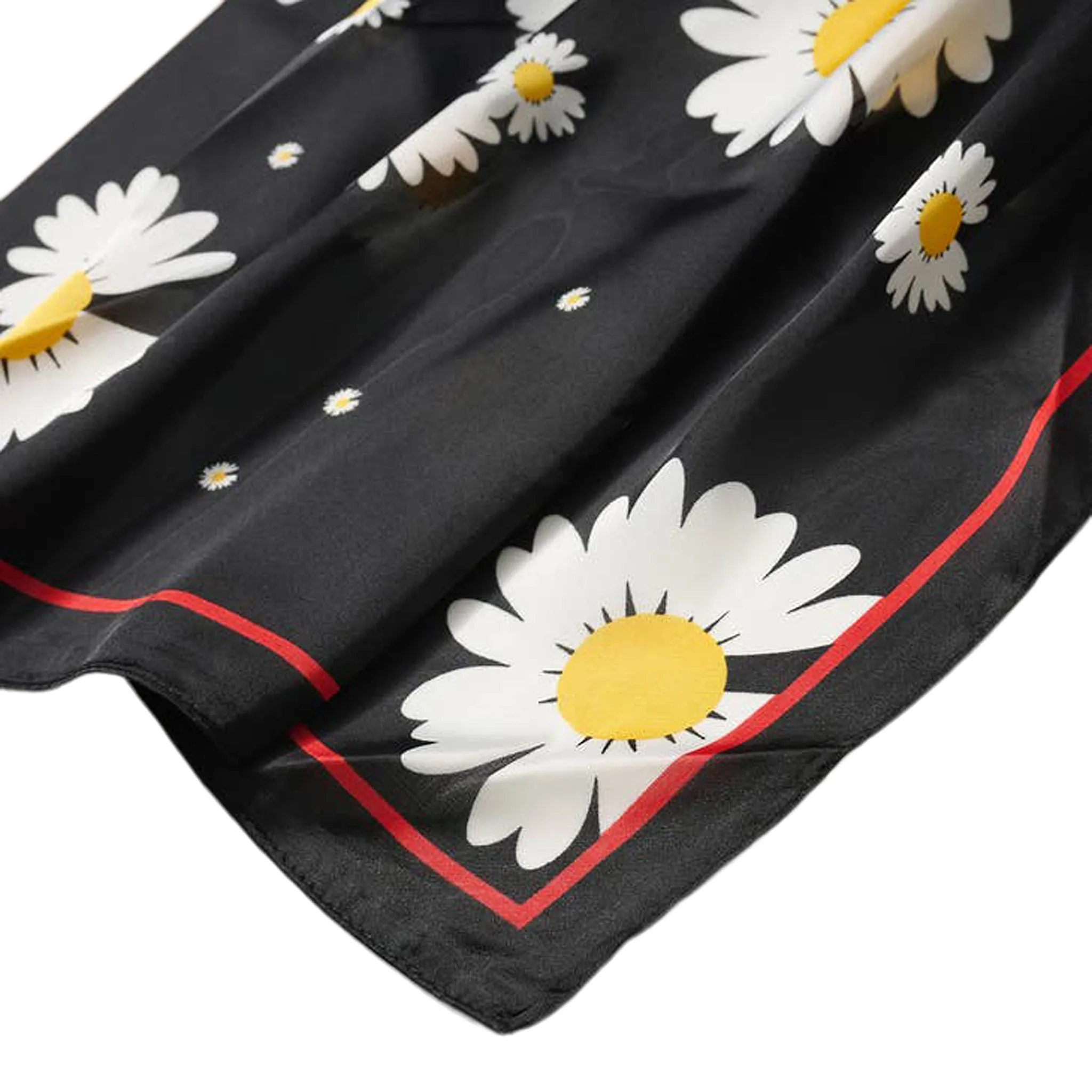 Avenue Zoe Chamomile Print Silky Bandana Scarf in Black, White and Yellow Floral