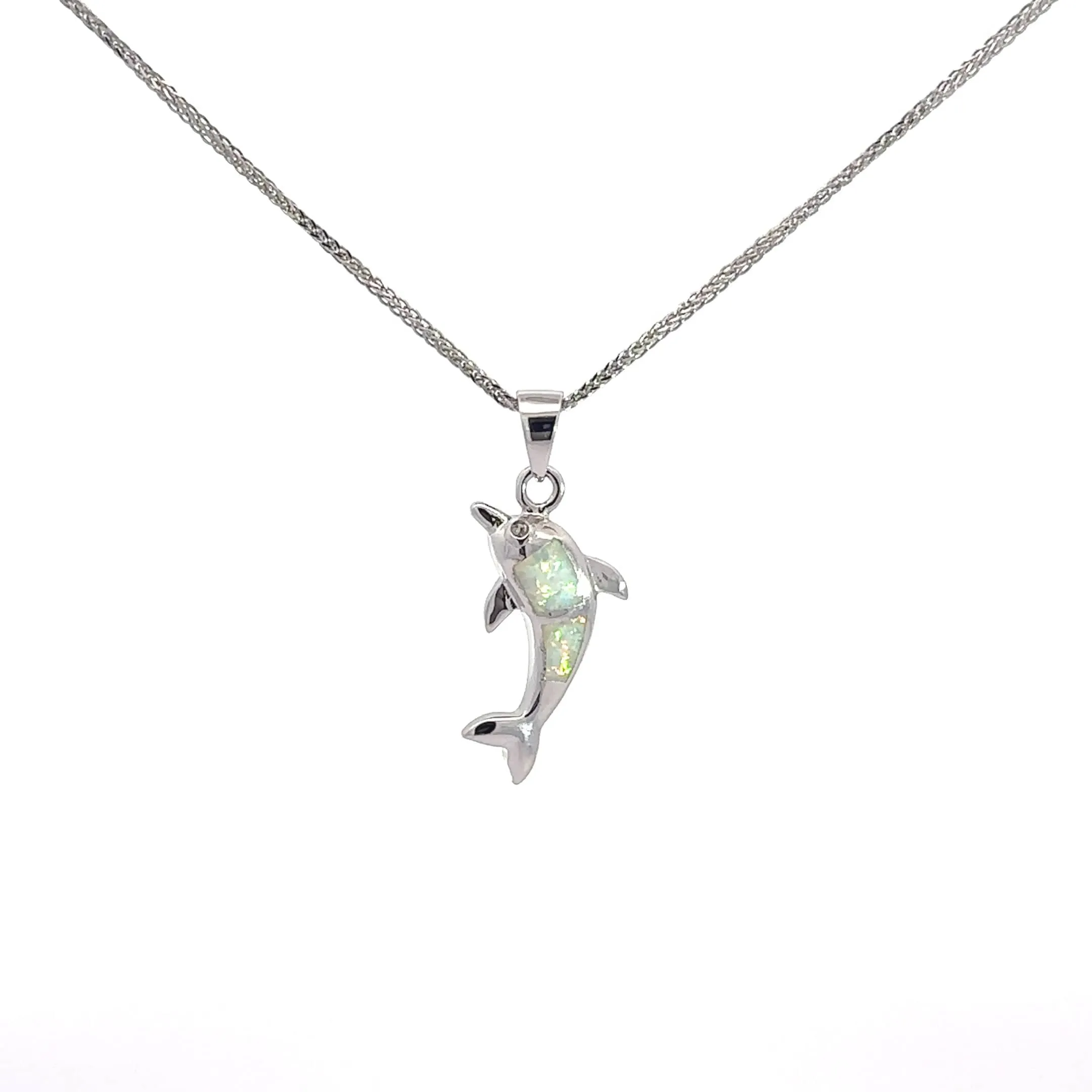 Baikalla Sterling Silver Lab-Made Opal Dolphin Pendant Necklace