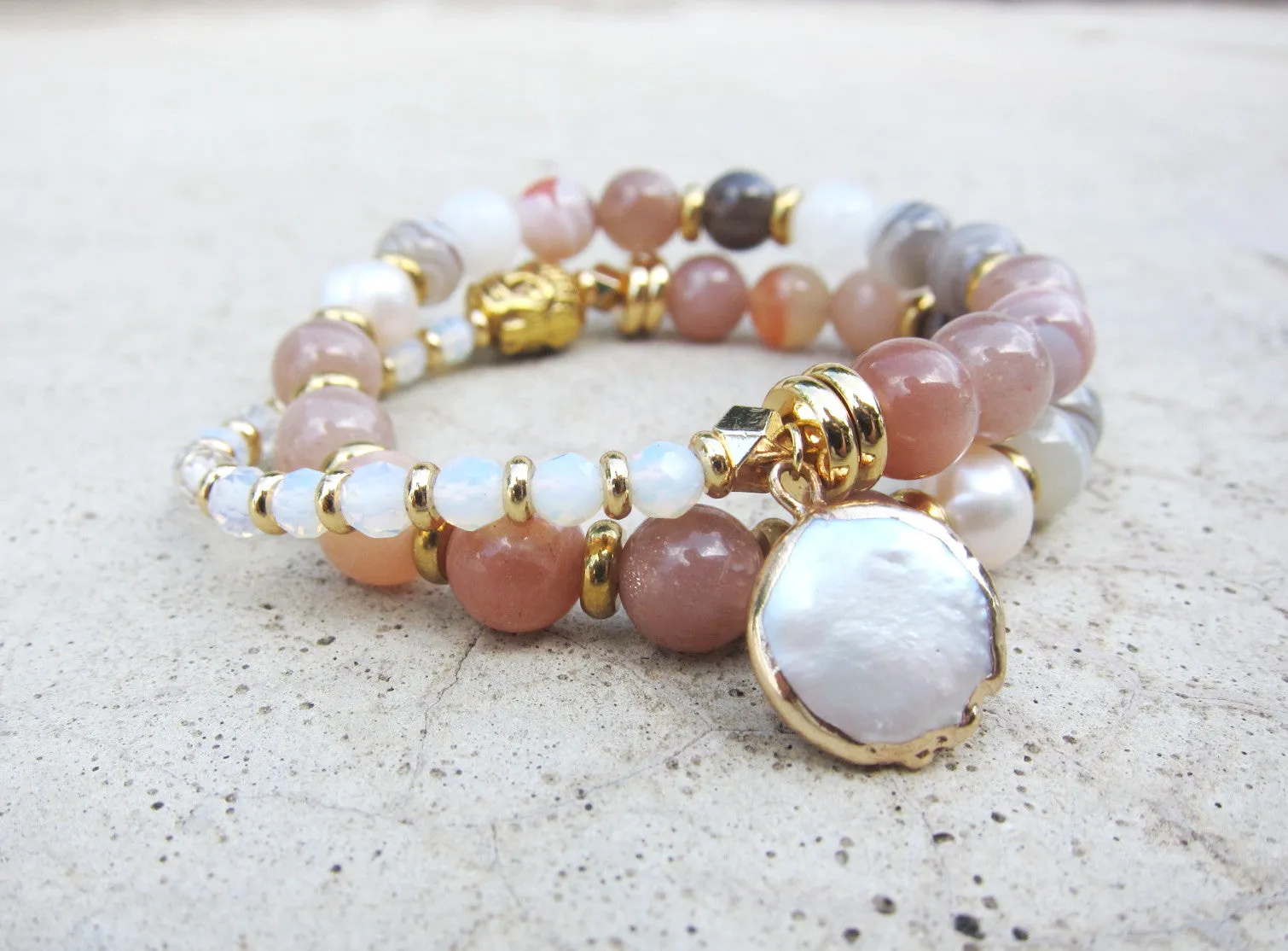 Baroque Pearl, Botswana Lace Agate, Sunstone, Moonstone Mala Bracelet in 27 Beads