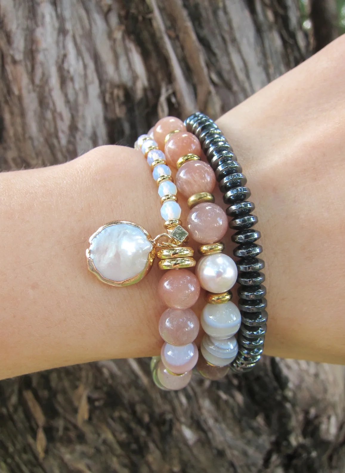 Baroque Pearl, Botswana Lace Agate, Sunstone, Moonstone Mala Bracelet in 27 Beads