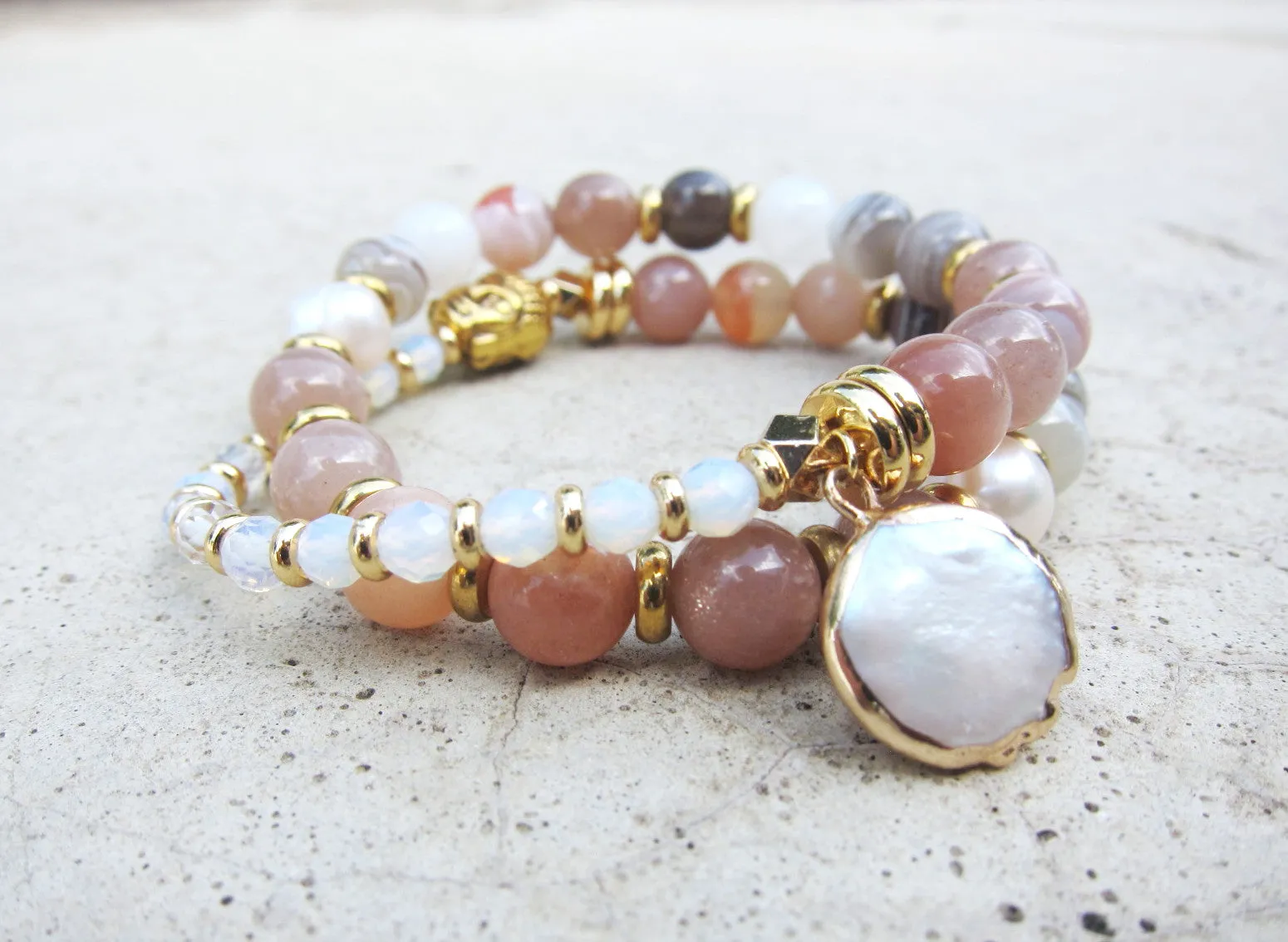 Baroque Pearl, Botswana Lace Agate, Sunstone, Moonstone Mala Bracelet in 27 Beads