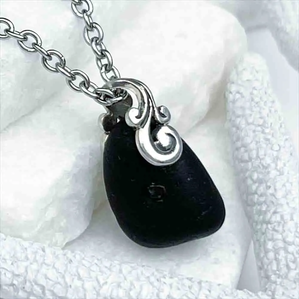 Black Bubble Sea Glass Pendant | #5195