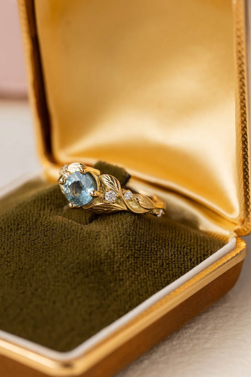 Blue sky sapphire engagement ring, gold leaves and accent diamonds proposal ring / Clematis