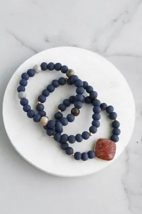 Boho Bracelets Stack of 3 piece Beaded bracelets Semi Precious center stone in Blue, brown and gold