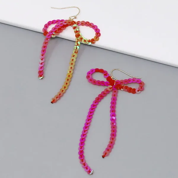 Bow Sequin Thread Dangle Earrings