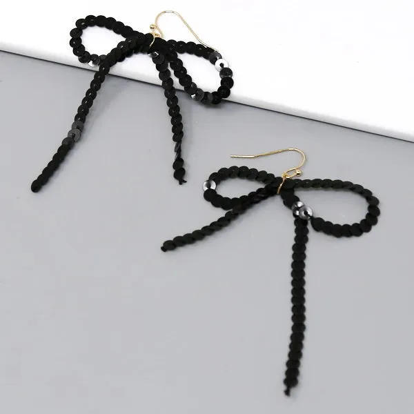 Bow Sequin Thread Dangle Earrings