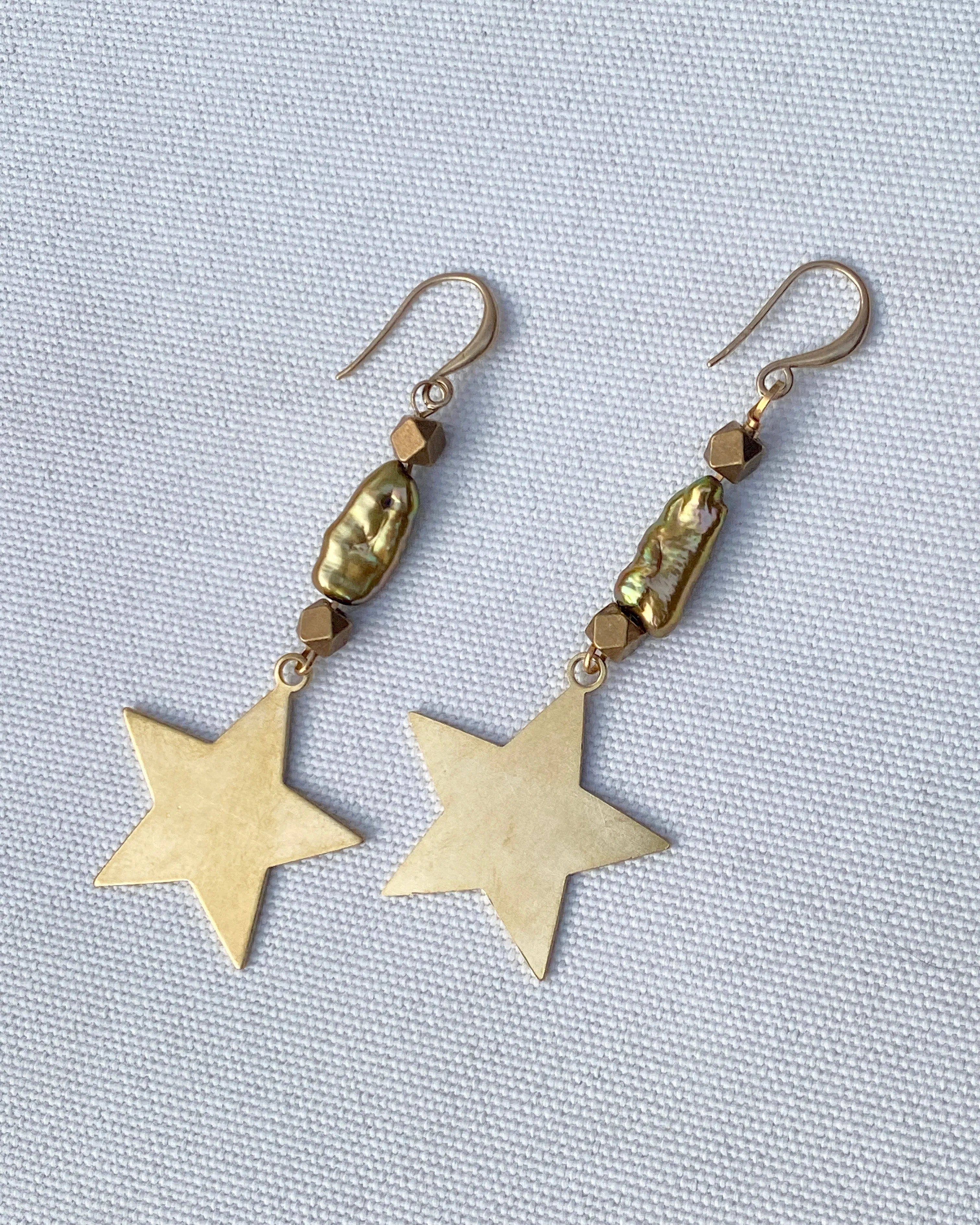 Brass Star and Green Pearl Drop Earrings