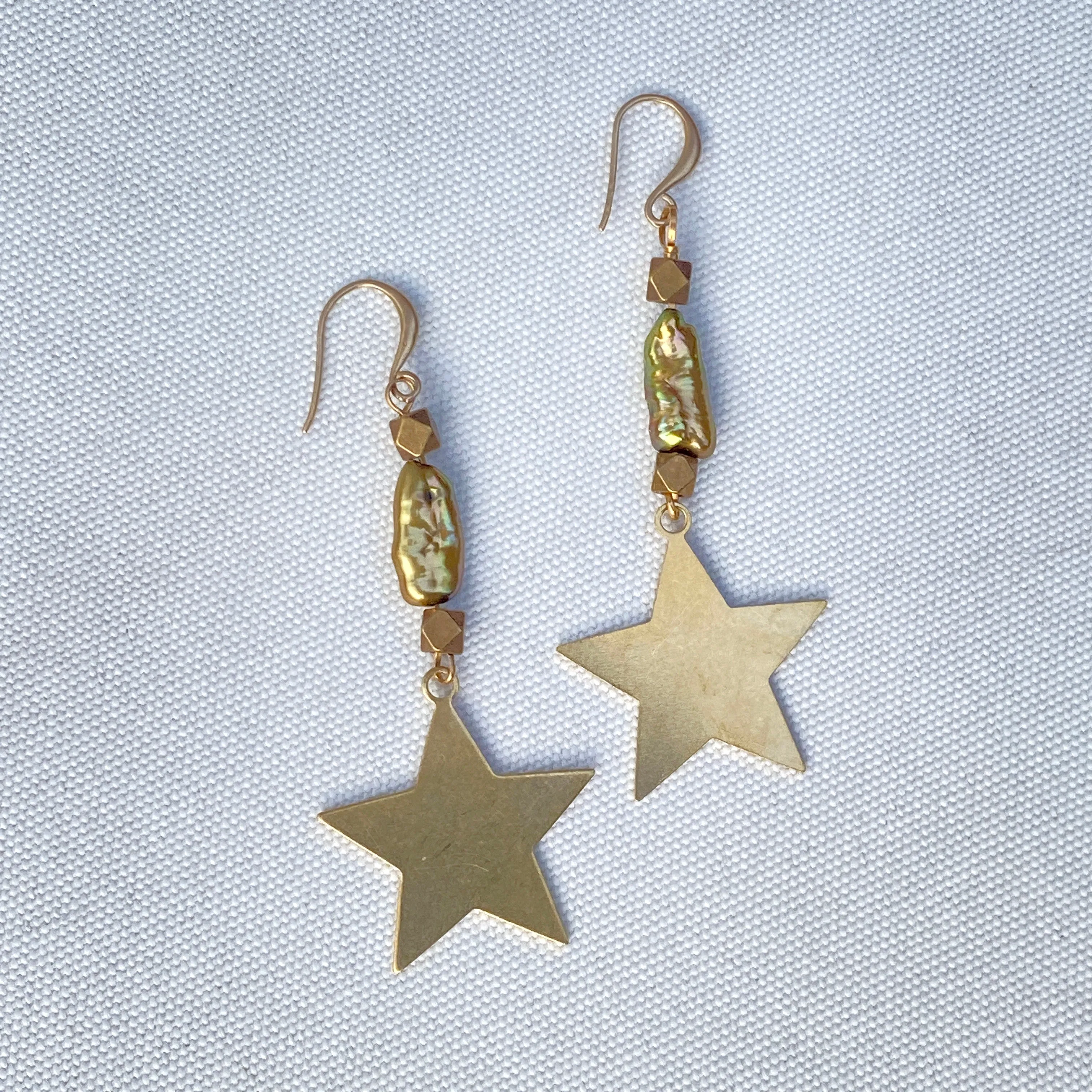 Brass Star and Green Pearl Drop Earrings