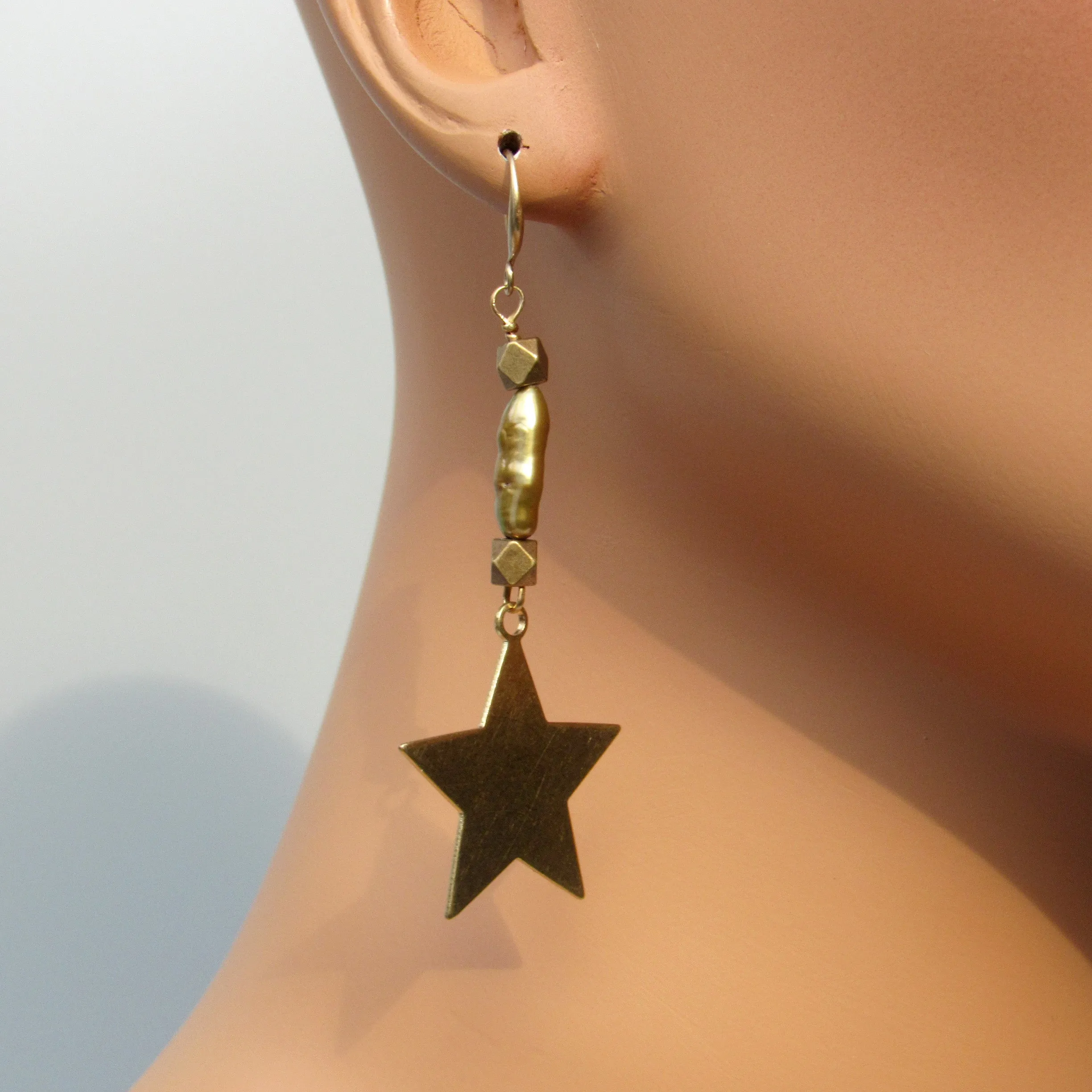 Brass Star and Green Pearl Drop Earrings