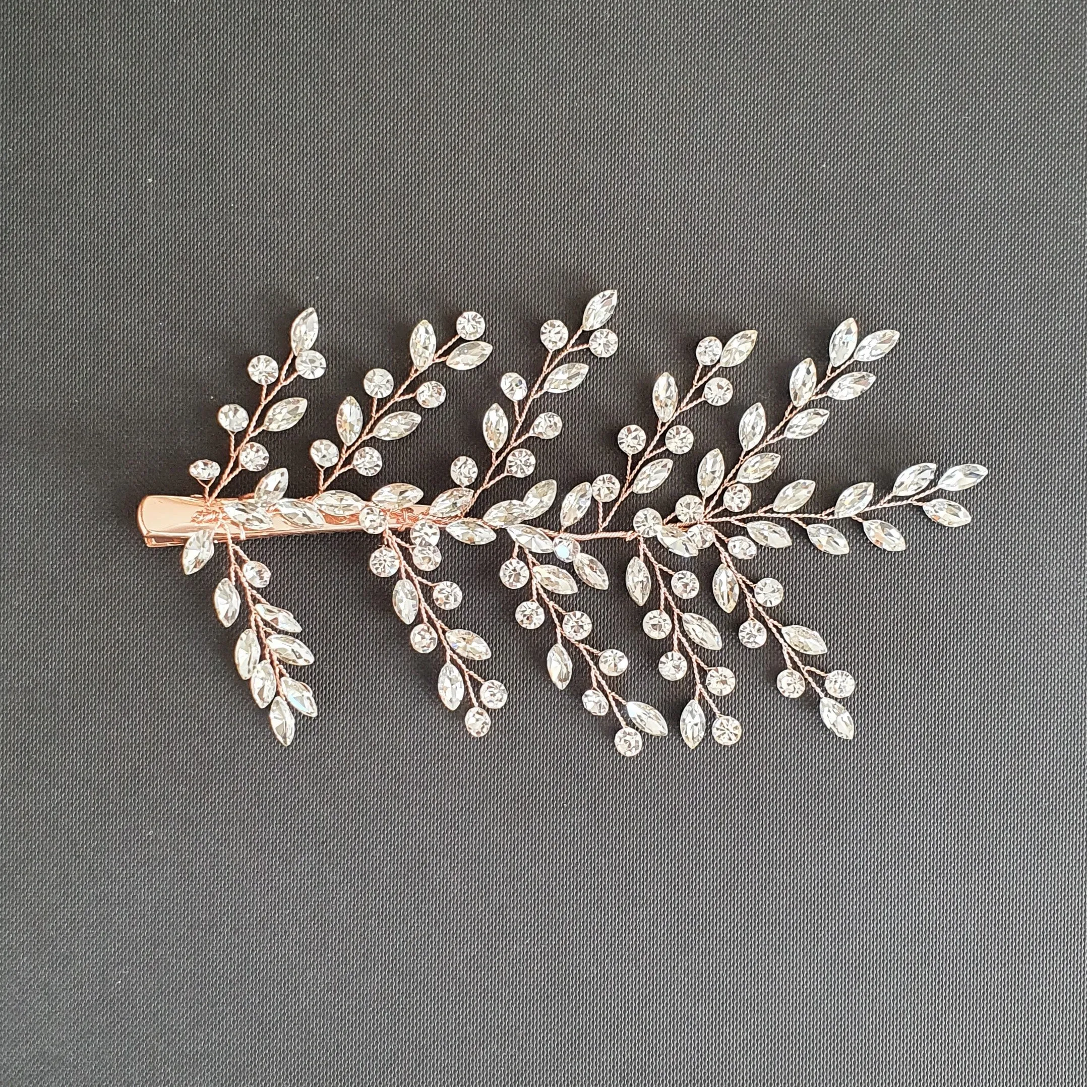 Bridal Hair Clip with Tiny Crystal Leaves-Fern