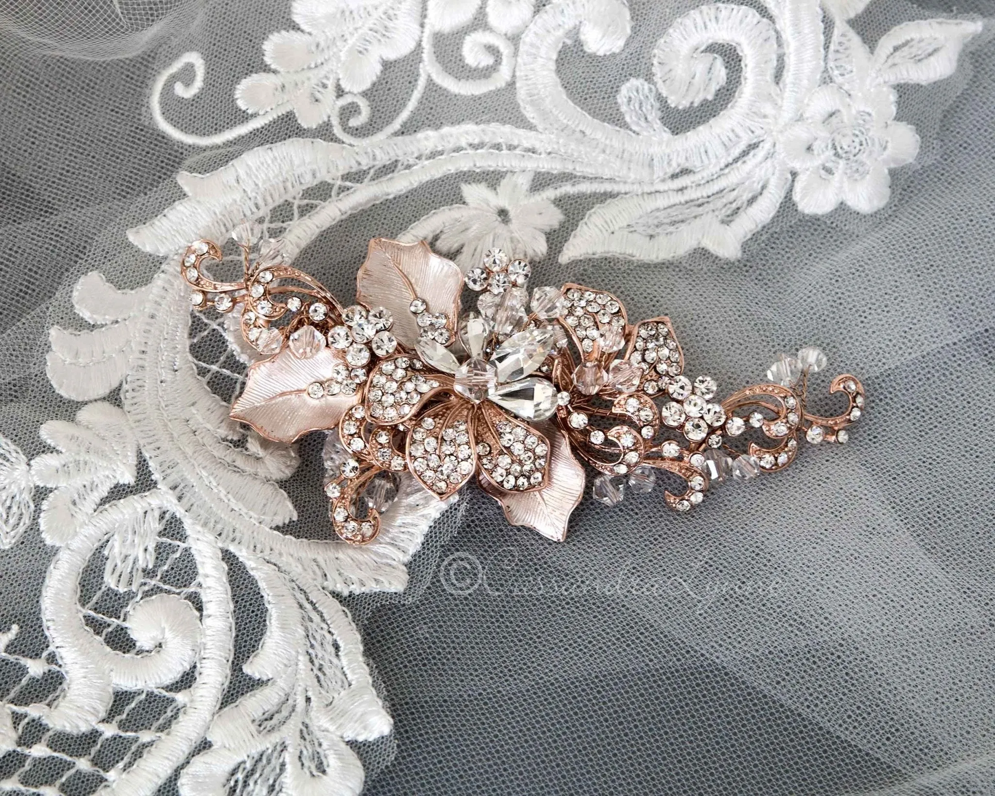 Bridal Headpiece of Frosted Rose Gold and Crystal Leaves