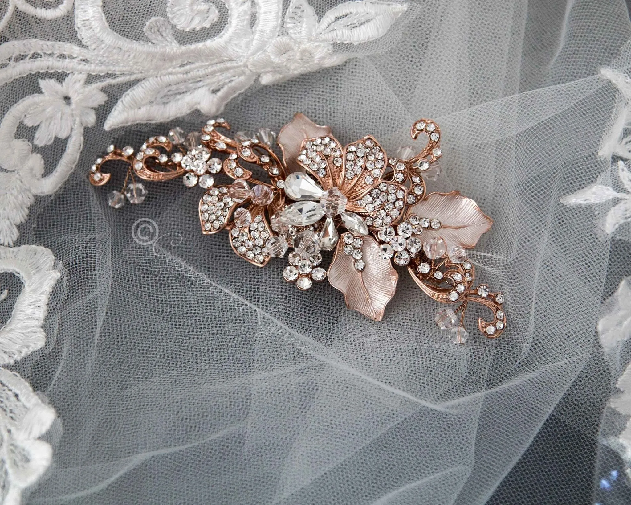 Bridal Headpiece of Frosted Rose Gold and Crystal Leaves