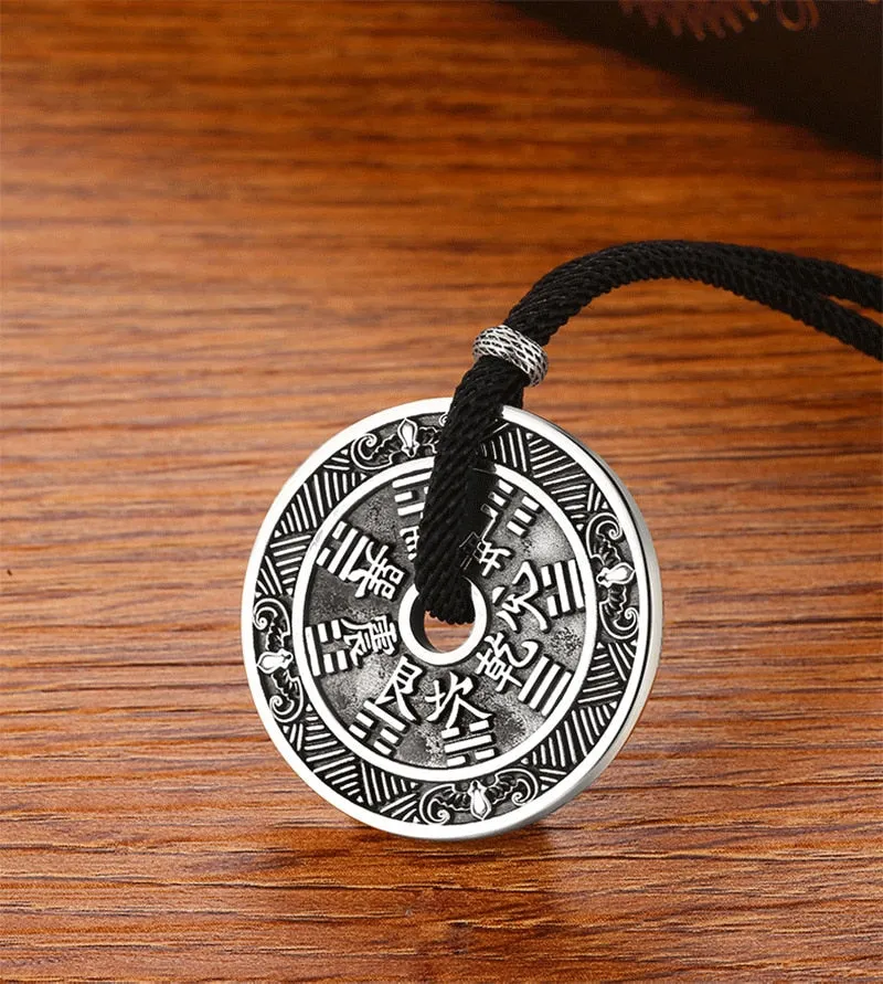 Buddha Religion Coin Bagua 925 Sterling Silver Vintage Biker Pendant Necklace