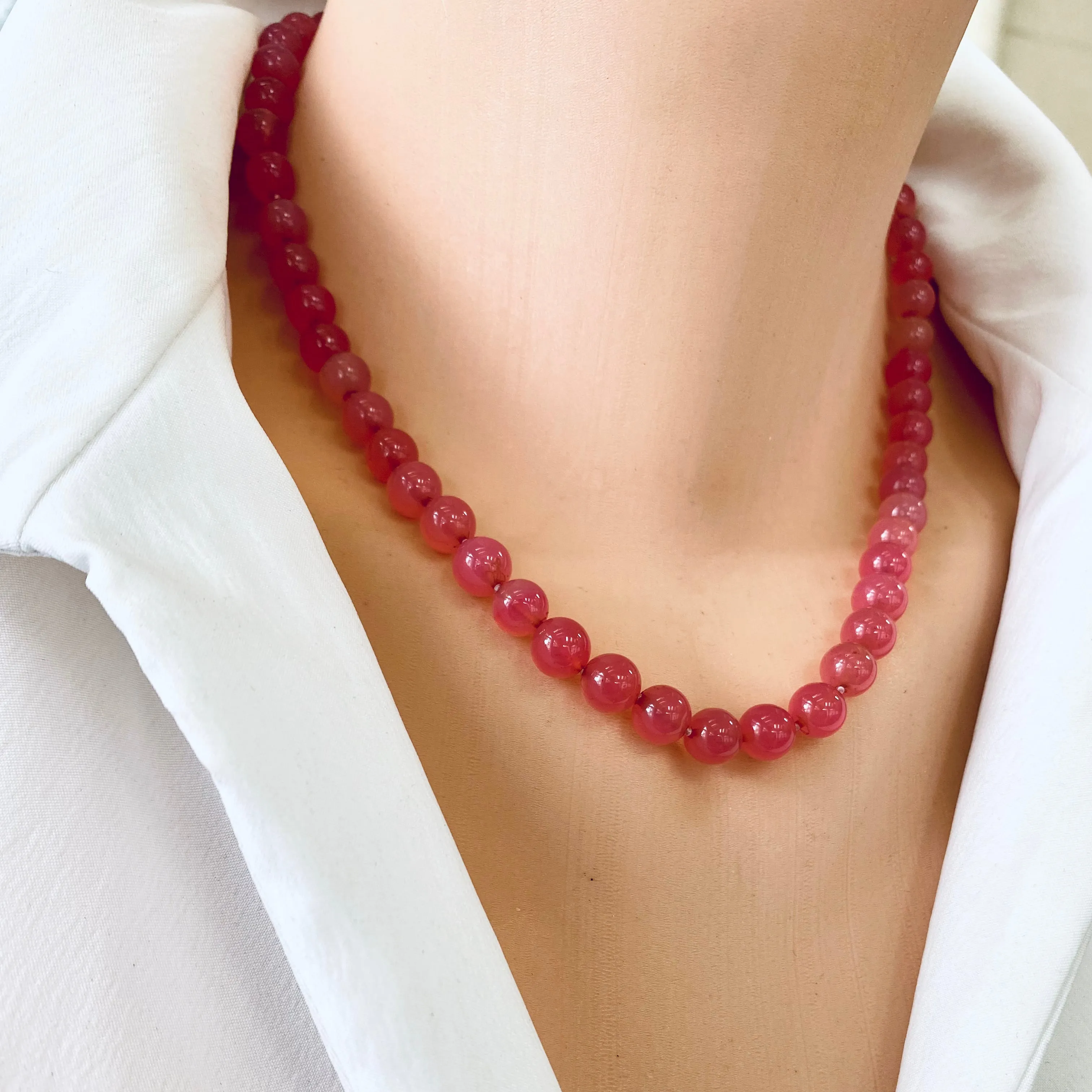 Cherry, Strawberry Quartz Beads Candy Necklace, Hand Knotted, Sterling Silver Box Clasp 18