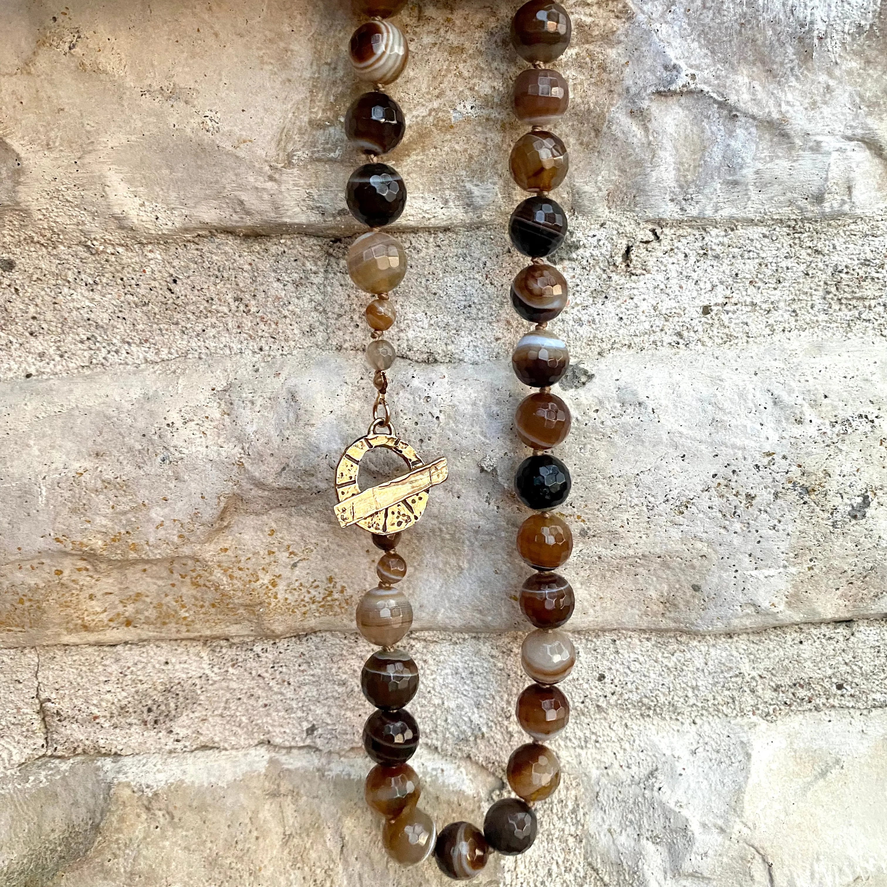 Chunky Brown Bostwana Agate Candy Necklace, Artisan Gold Bronze Toggle Clasp, 18inches