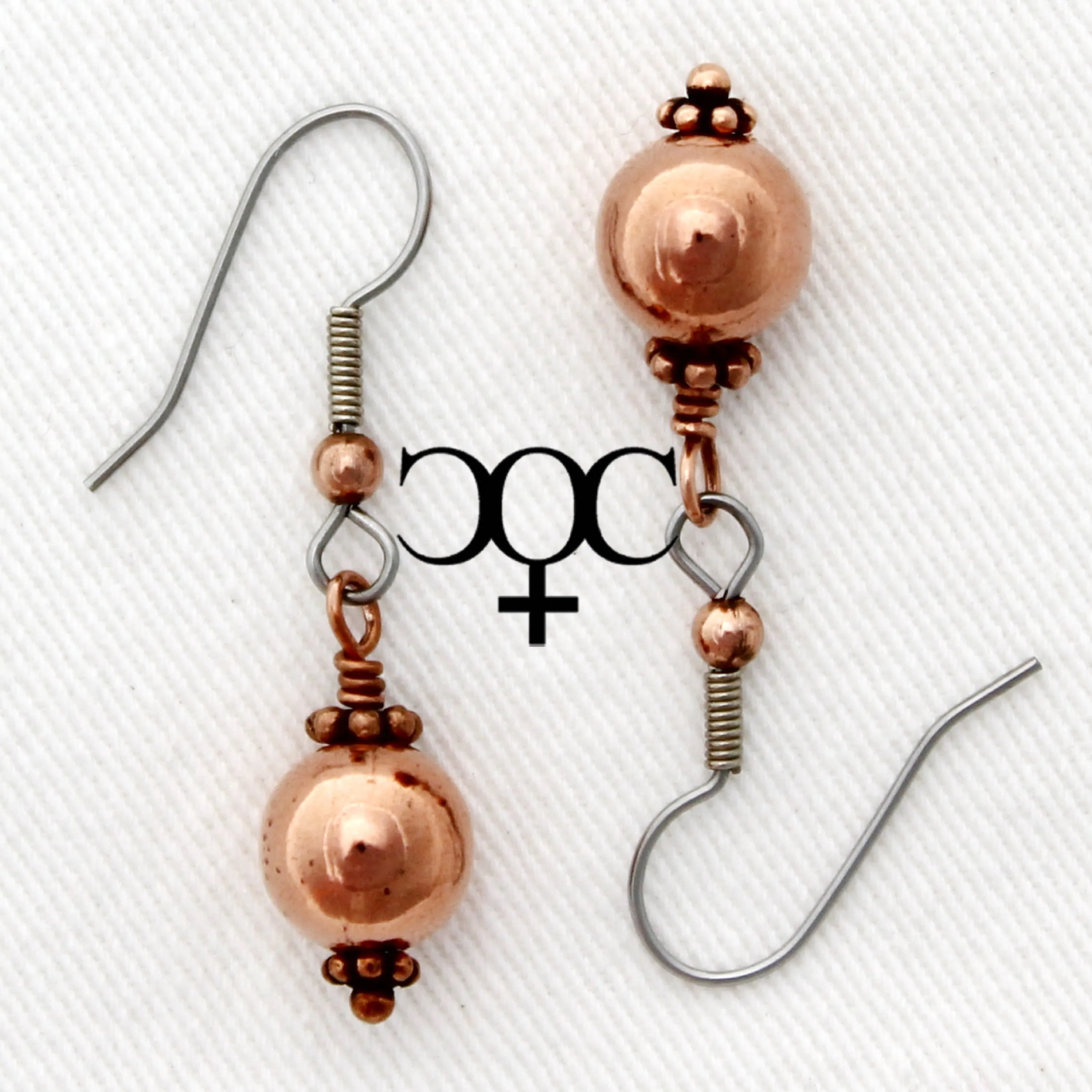 Copper Bauble Drop Earrings EC9M Solid Copper 9mm Round Ornate Bead Earrings