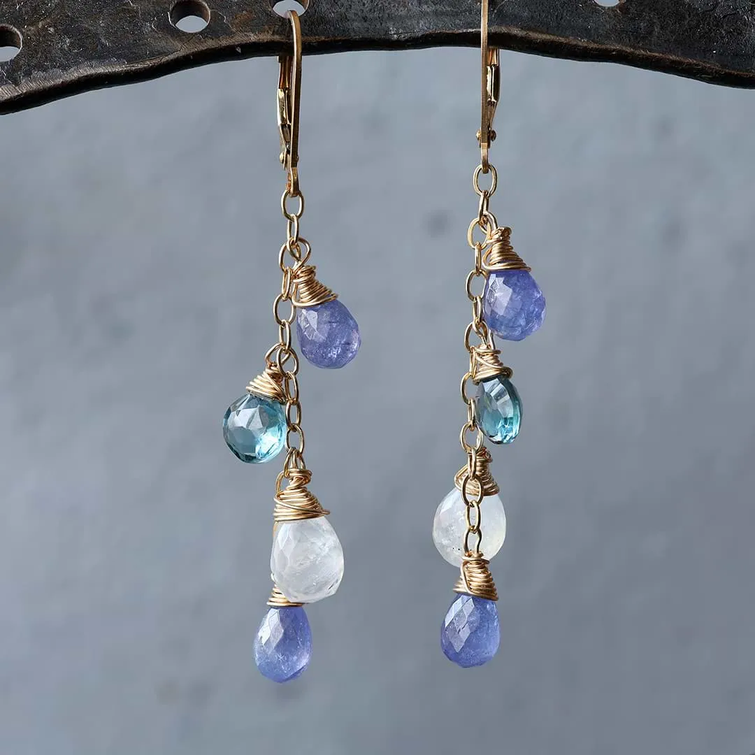 Crocus in France - Tanzanite, Moonstone, and Topaz Gold Drop Earrings