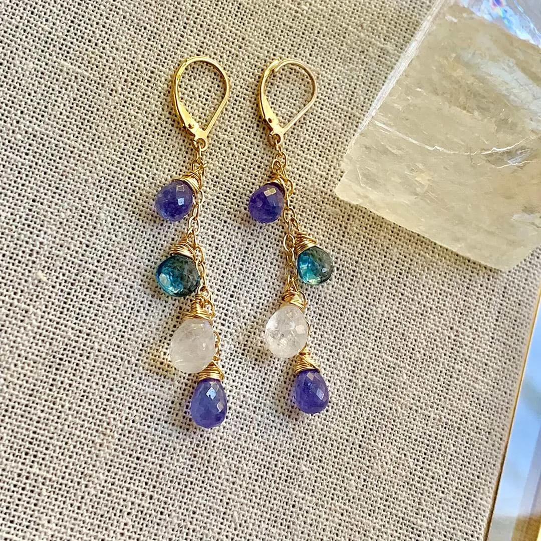 Crocus in France - Tanzanite, Moonstone, and Topaz Gold Drop Earrings