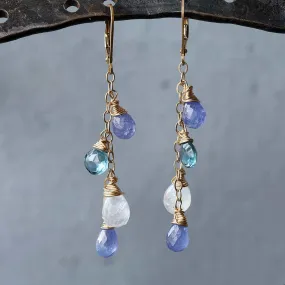 Crocus in France - Tanzanite, Moonstone, and Topaz Gold Drop Earrings