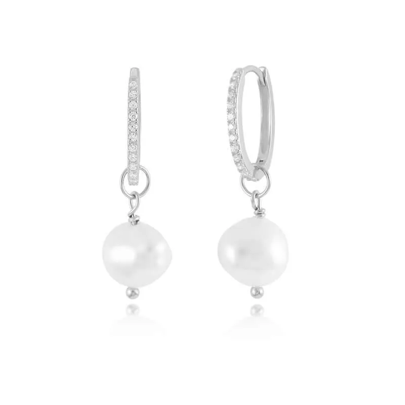 Delicate Huggie Hoop Earrings with Pearl Pendant