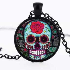 Dia De Sugar Skull Glass Pendant Necklace and Earrings Set